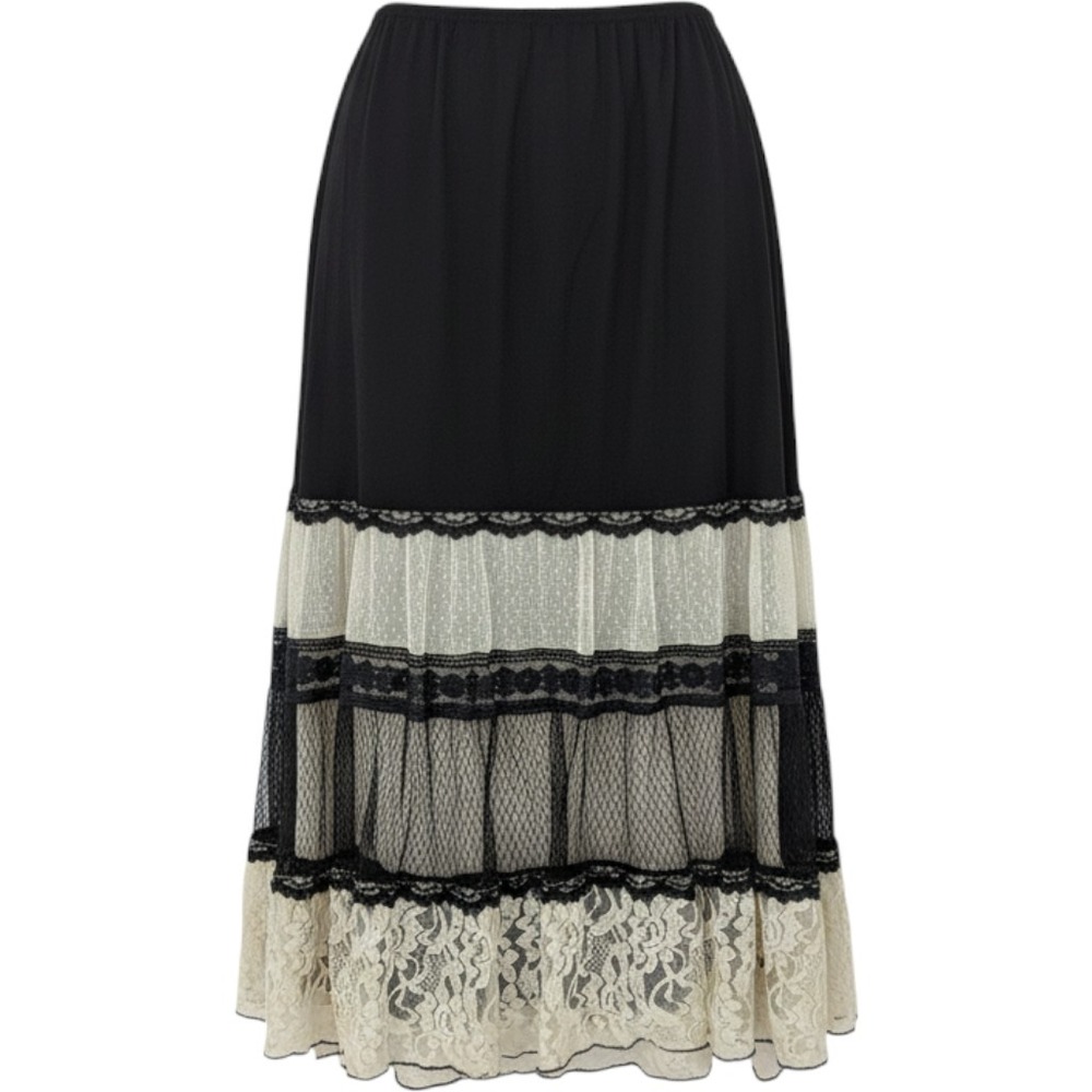 Romantic Couquette Y2K Midi Skirt Small Black Tiered Lace Mesh Boho Ethereal